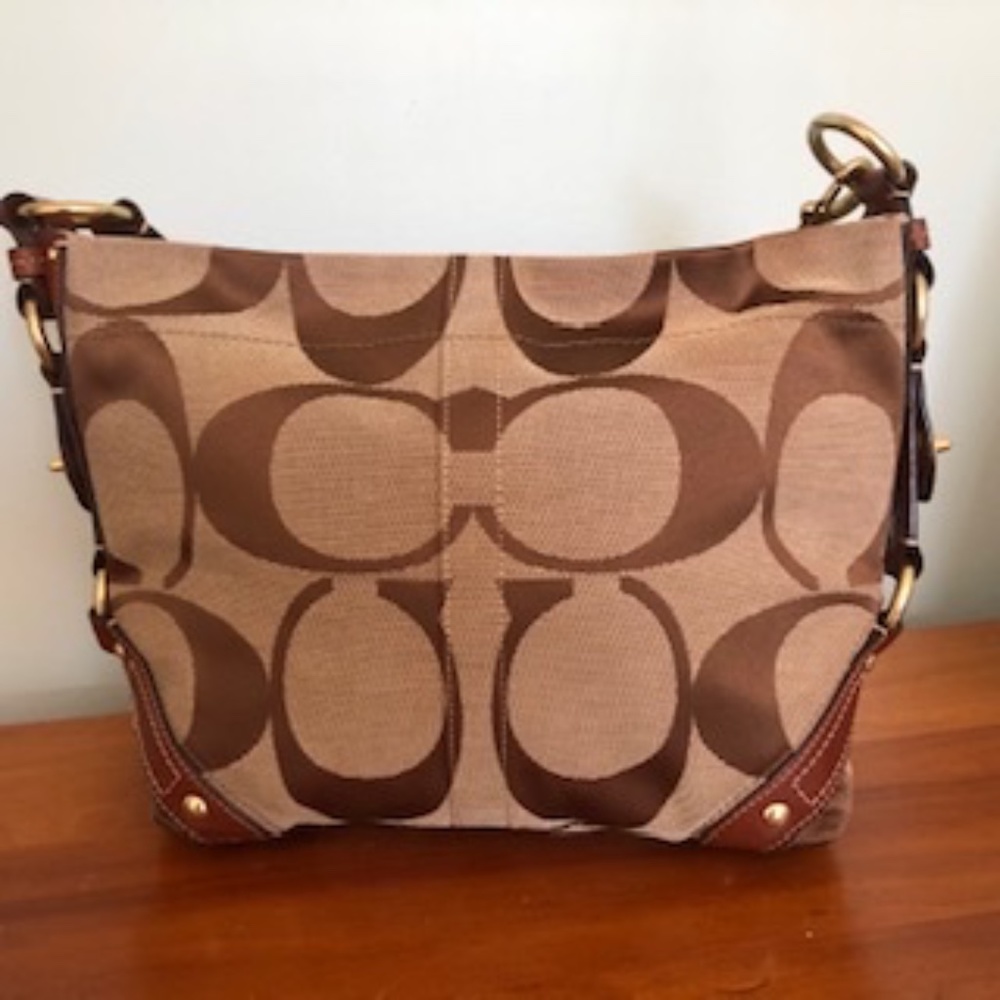 Classic Coach, Signature Carly Brown Canvas, Brown Leather Strap Hobo Bag